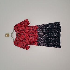 Julian Taylor Midi Dress 16 Red Black Gray Roses A-Line Wedding Guest Church